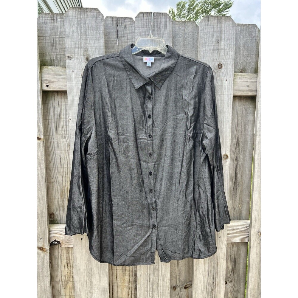 Lularoe Valentina Button Up Tunic Top Womens Sz 2XL Black Roll Tab Sleeve NWT